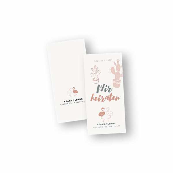 Einladungskarten – Klappkarte – DIN-lang im Hochformat mit Kopffalz mit dem Design Flamingo Love