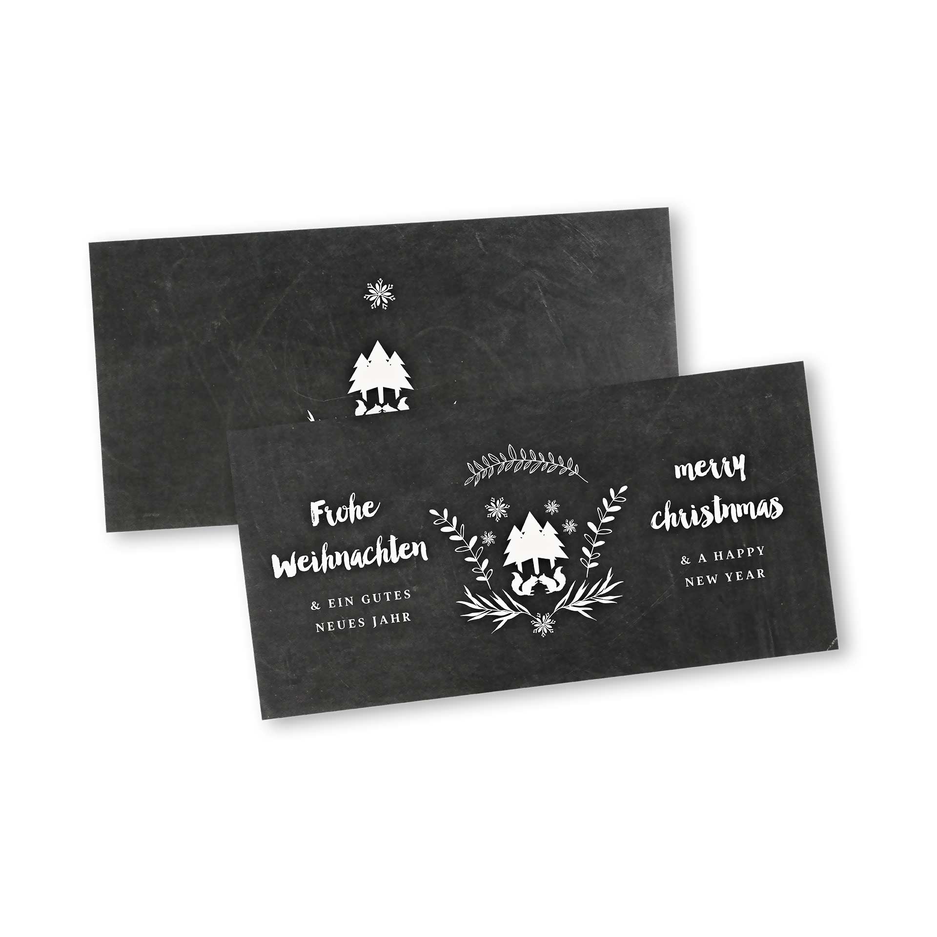 Weihnachtskarte Klappkarte im Design Eichhörnchen und Weihnachtsbäume