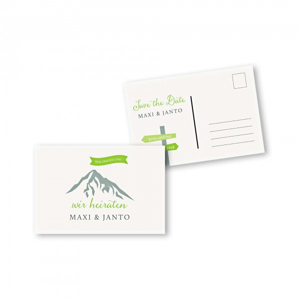 Save the Date Postkarte – 2-Seiter DIN-A6 Kartendesign Hochzeitsfeier in den Bergen
