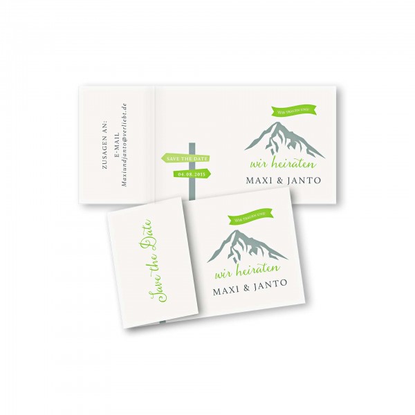 Save the Date Einklapperkarte – Klappkarte DIN-A6 Kartendesign Hochzeitsfeier in den Bergen