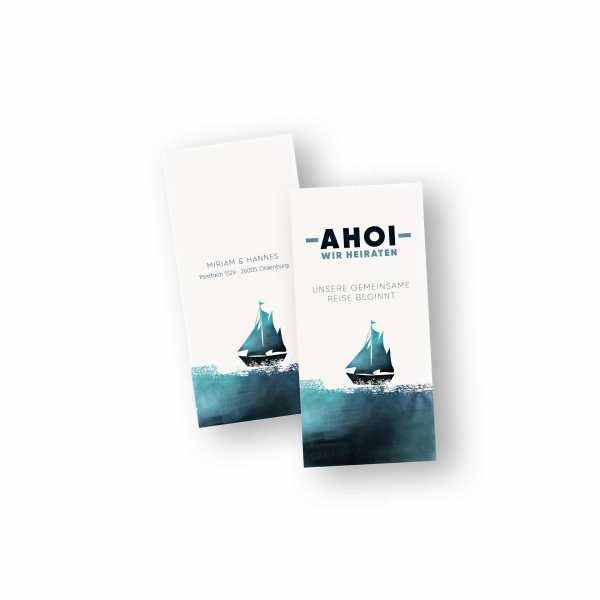 Einladungskarten – Klappkarte – DIN-lang im Hochformat mit Kopffalz mit dem Design Hochzeitsreise
