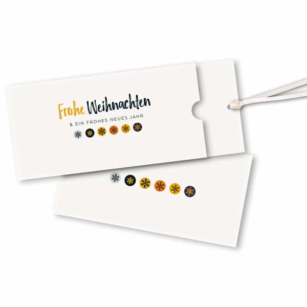 Weihnachtskarte – Schuberkarte DIN-lang mit Satinband Farbige Kreise mit Schneeflocken