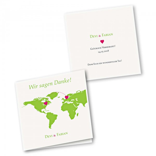 Danksagungskarte – 4-Seiter quadratisch Kartendesign Herzentreffen Version 1