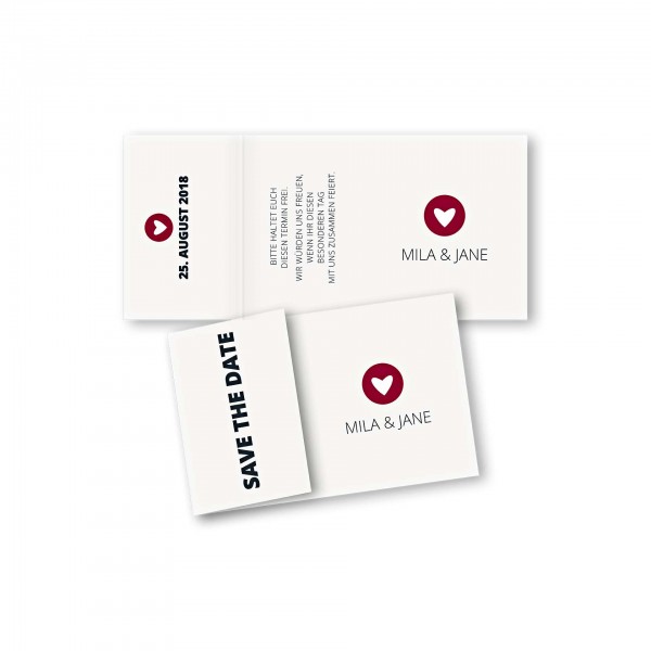 Save the Date Einklapperkarte – Klappkarte DIN-A6 Kartendesign moderne Hochzeitskarte mit Herz im Kreis Version 1
