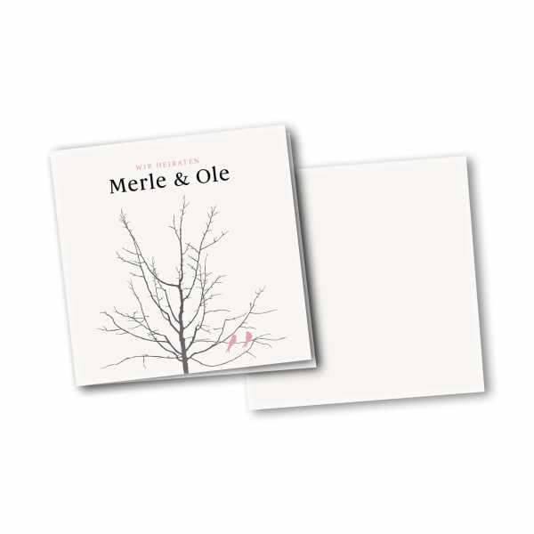 Einladungskarte – 4-Seiter quadratisch Kartendesign Verliebte Vögel im Baum Version 2