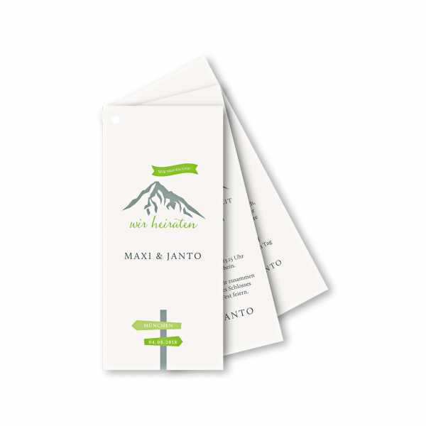 Einladungskarte – Fächerkarte 3 Blätter Hochformat Kartendesign Hochzeitsfeier in den Bergen