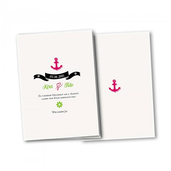 Einladungskarte – 4-Seiter DIN-A5 Kartendesign Anker mit Schleife und Schraffur Version 2