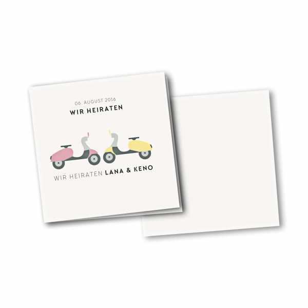 Einladungskarte – 4-Seiter quadratisch Kartendesign Motorroller zu zweit