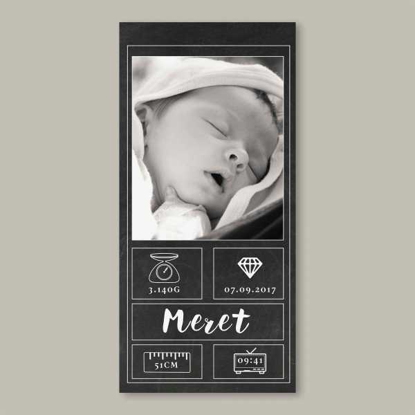 Geburtskarte – Klappkarte – 4-Seiter Klappkarte zur Geburt in der Größe DIN-lang Hochformat mit dem Design Meret