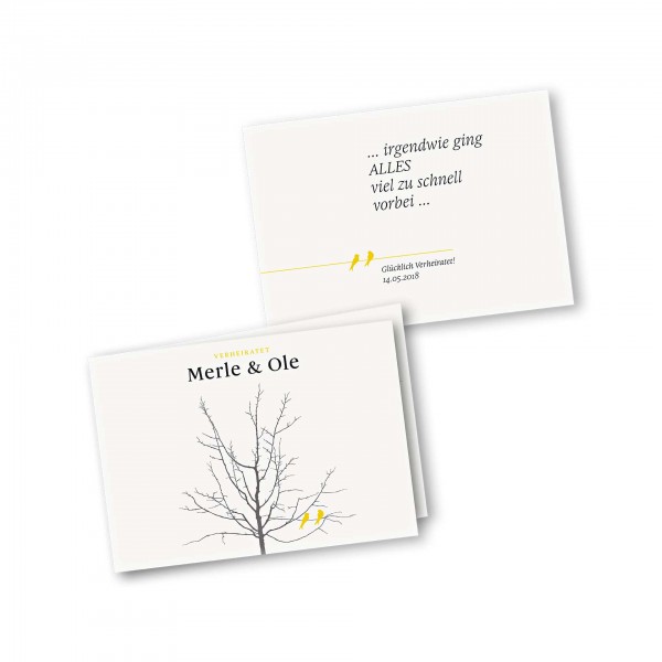 Danksagungskarte – 4-Seiter DIN-A5 Querformat Kartendesign Verliebte Vögel im Baum