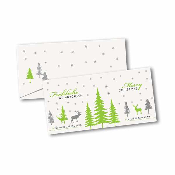 Weihnachtskarte – Klappkarte DIN-lang mit Kopffalz im Kartendesign Rentiere und 3 Tannen im Schnee