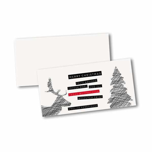 Weihnachtskarte – Klappkarte DIN-lang mit Kopffalz im Kartendesign Rentiere mit Bäumen aus Strichen Version 4