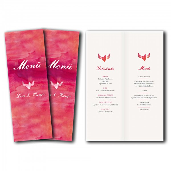 Menükarte – Kartendesign Hochzeitsherz mit Flügeln