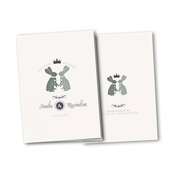 Einladungskarte – 4-Seiter DIN-A5 Kartendesign Zwei verliebte Hasen Version 2