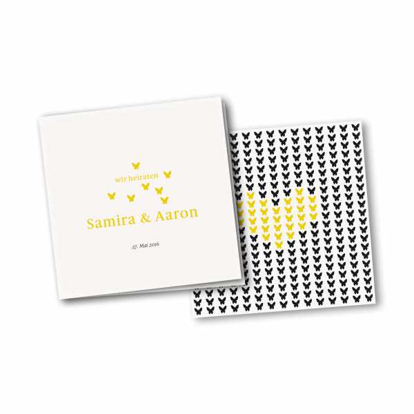 Einladungskarte – 4-Seiter quadratisch Kartendesign Verliebte Schmetterlinge zur Hochzeit