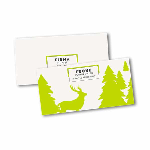 Weihnachtskarte – Klappkarte DIN-lang mit Kopffalz im Kartendesign Rentiere im Tannen-Wald