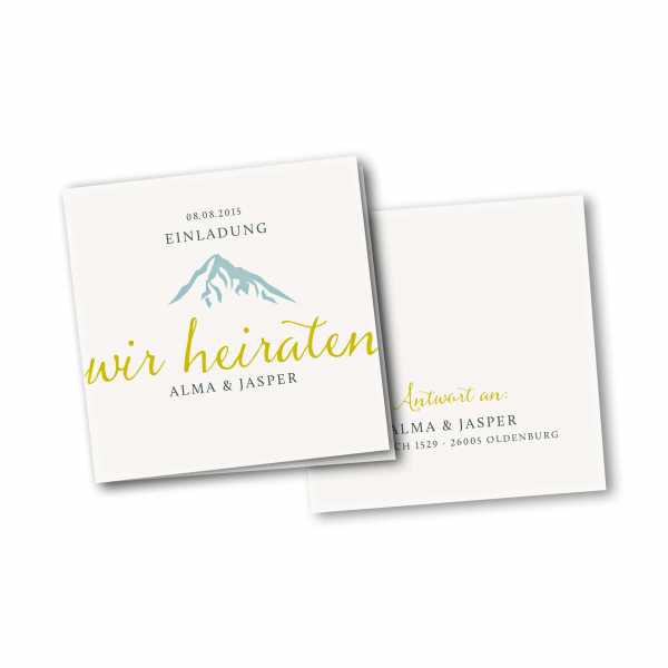 Einladungskarte – 4-Seiter quadratisch Kartendesign Hochzeitsfeier in den Bergen Version 3