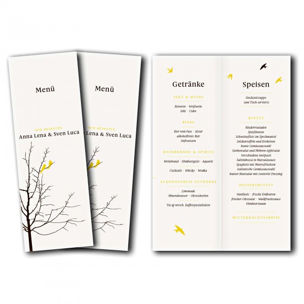 Menükarte – Kartendesign Verliebte Vögel im Baum Version 2