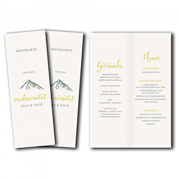Menükarte – Kartendesign Hochzeitsfeier in den Bergen Version 2
