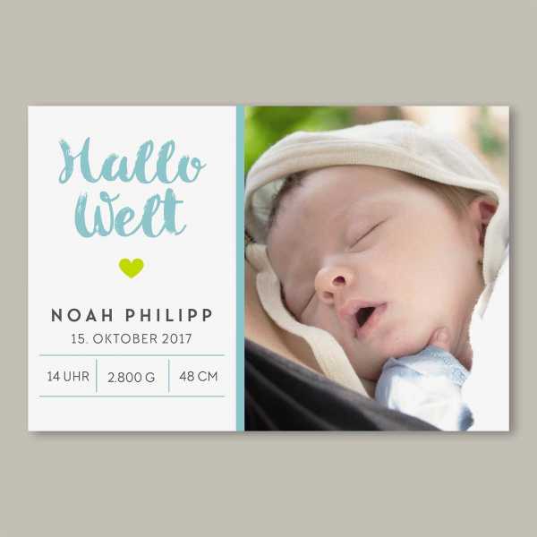 Geburtskarte – flache Karte mit Umschlag – 2-Seiter flache Karte zur Geburt in der Größe DIN-A6 Querformat mit dem Design Noah-Philipp