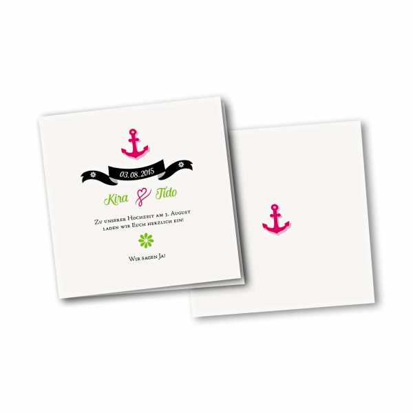 Einladungskarte – 4-Seiter quadratisch Kartendesign Anker mit Schleife und Schraffur Version 2