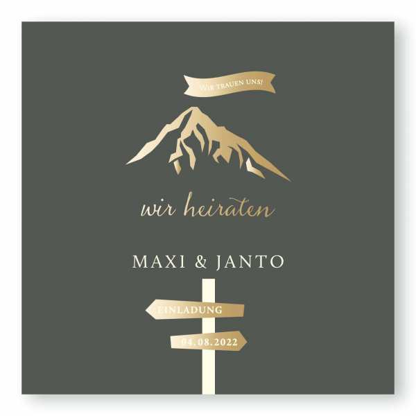 Einladungskarte – 4-Seiter quadratisch Kartendesign Hochzeitsfeier in den Bergen