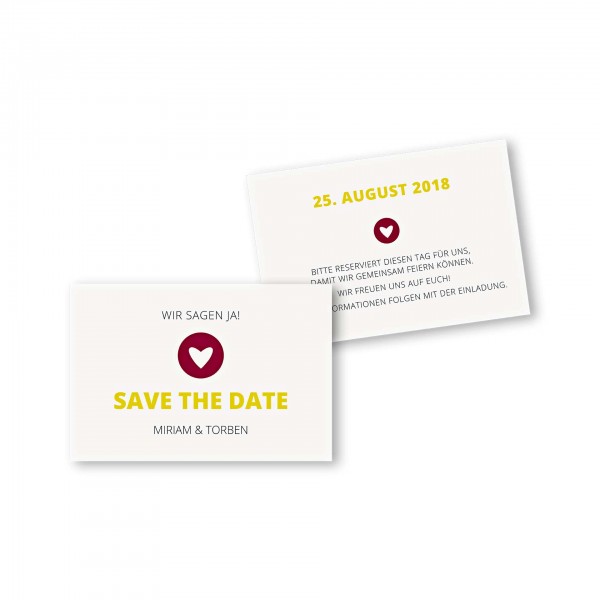 Save the Date flache Karte mit Umschlag – 2-Seiter DIN-A6 Kartendesign moderne Hochzeitskarte mit Herz im Kreis Version 1