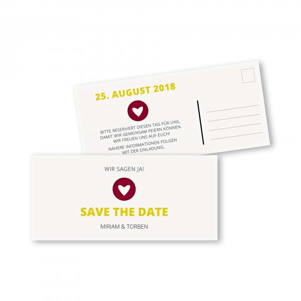 Save the Date Postkarte – 2-Seiter DIN-lang Kartendesign moderne Hochzeitskarte mit Herz im Kreis Version 1