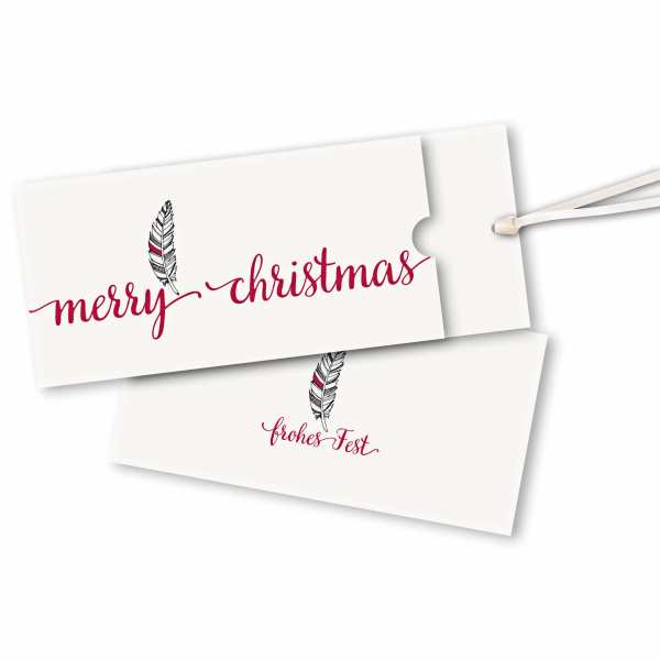 Weihnachtskarte – Schuberkarte DIN-lang mit Satinband merry christmas mit Feder