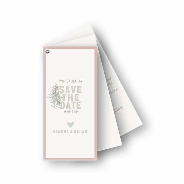 Einladungskarten – Fächerkarte – 3-Blätter Fächerkarte in der Größe DIN-lang Hochformat mit dem Design Save the Date & Feder