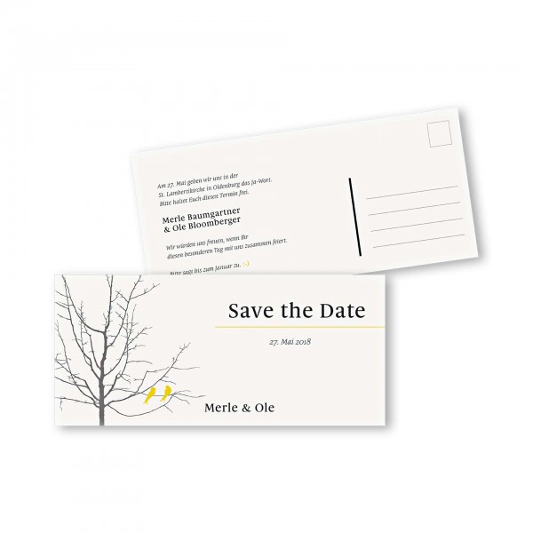 Save the Date Postkarte – 2-Seiter DIN-lang Kartendesign Verliebte Vögel im Baum