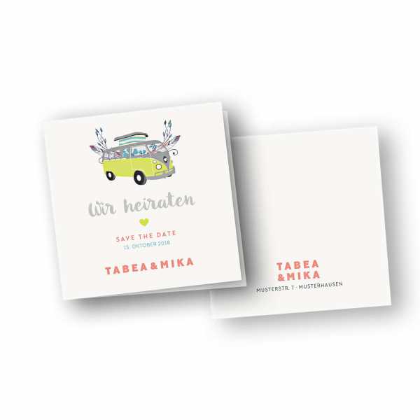 Einladungskarten – Klappkarte – quadratische Klappkarte mit Rückenfalz mit dem Design Bulli Boho-Chic