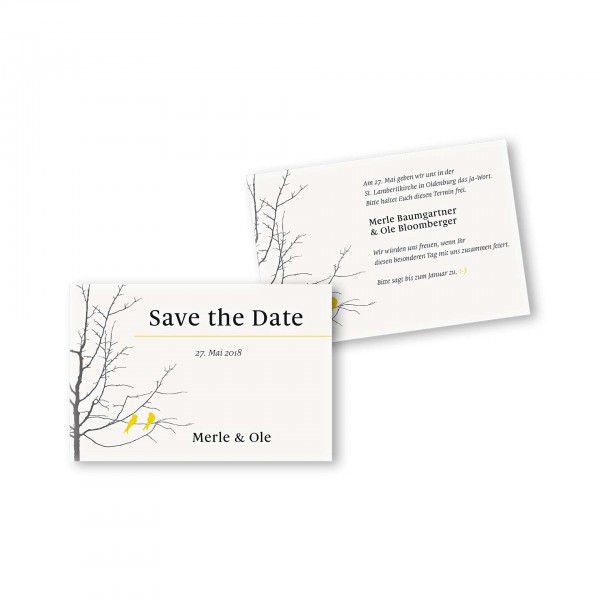 Save the Date flache Karte mit Umschlag – 2-Seiter DIN-A6 Kartendesign Verliebte Vögel im Baum