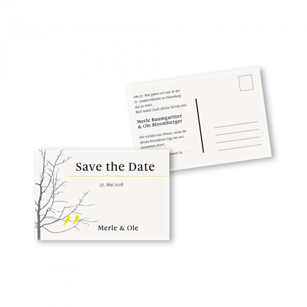 Save the Date Postkarte – 2-Seiter DIN-A6 Kartendesign Verliebte Vögel im Baum