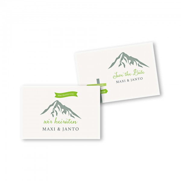 Save the Date flache Karte mit Umschlag – 2-Seiter DIN-A6 Kartendesign Hochzeitsfeier in den Bergen